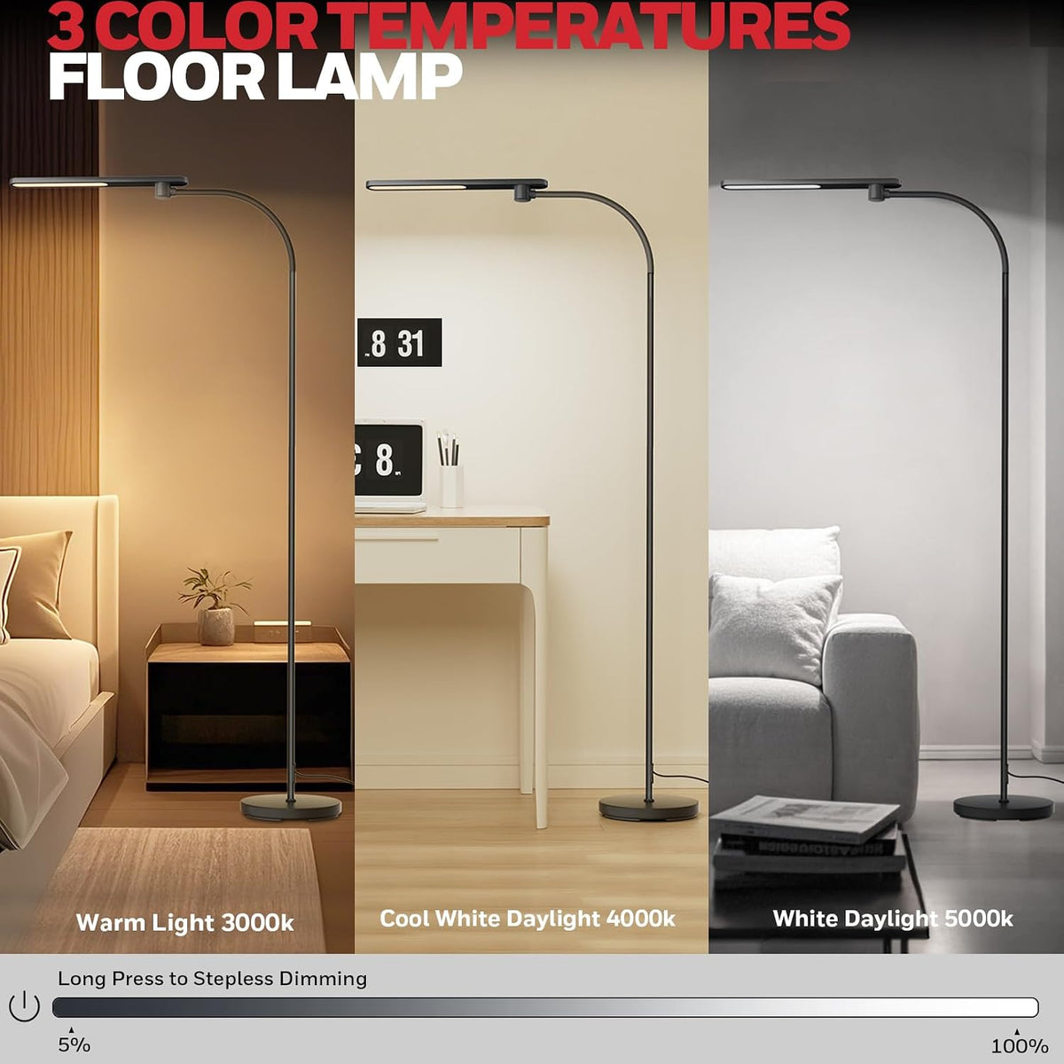 Honeywell LED Floor Lamp Dimmable Gooseneck Reading Living Room Bedroom 77"