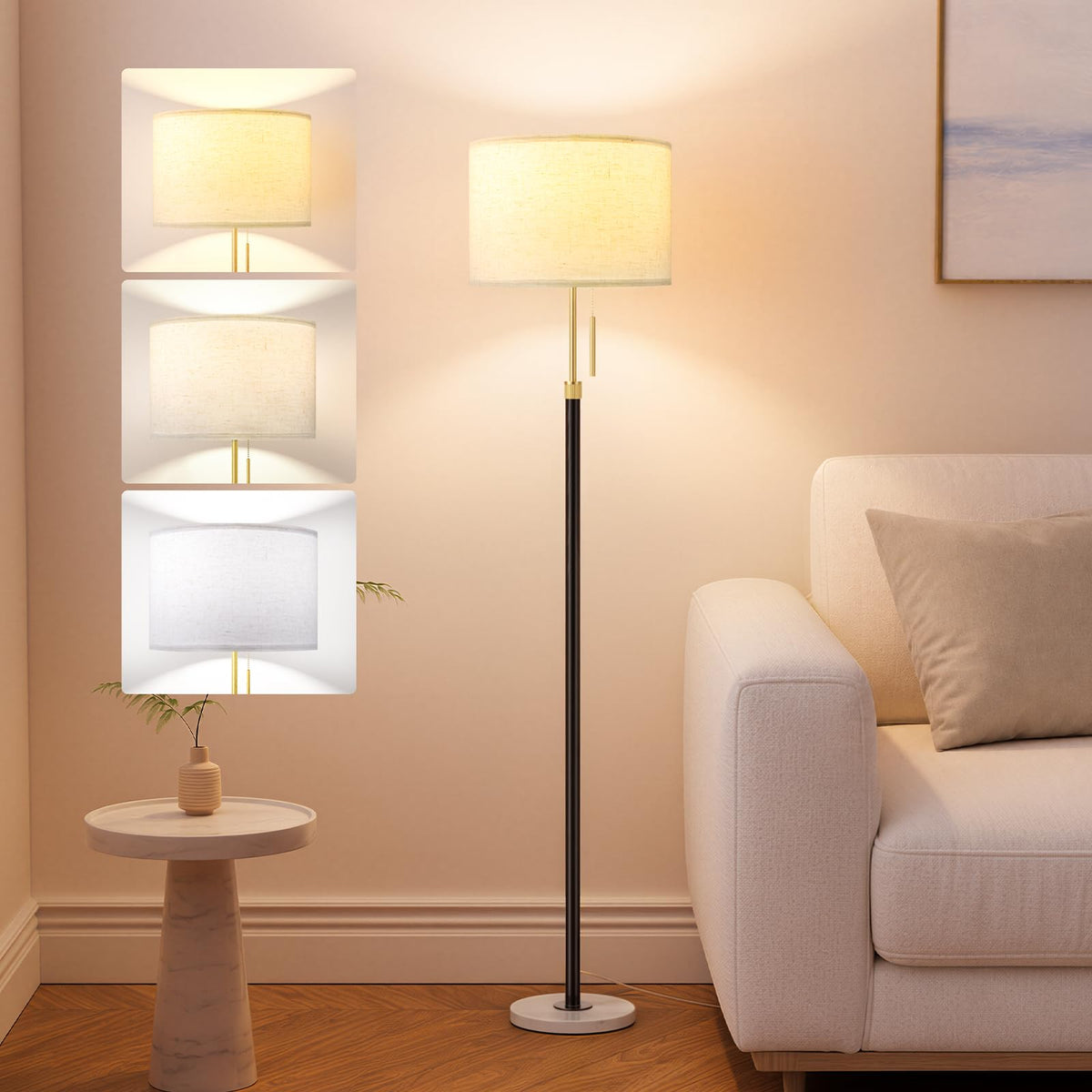 Ambimall 60'' Modern Floor Lamp with Shade, Tall Lamps for Living Room, Bedroom, Office, Dining Room, Beige Shade with Gold Pole(Without Bulb)