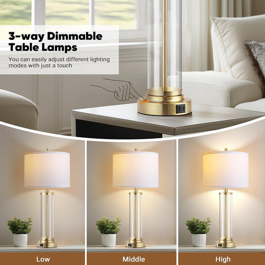 Glass Table Lamps Set of 2, Modern Gold Dimmable Beside Lamps for Bedroom