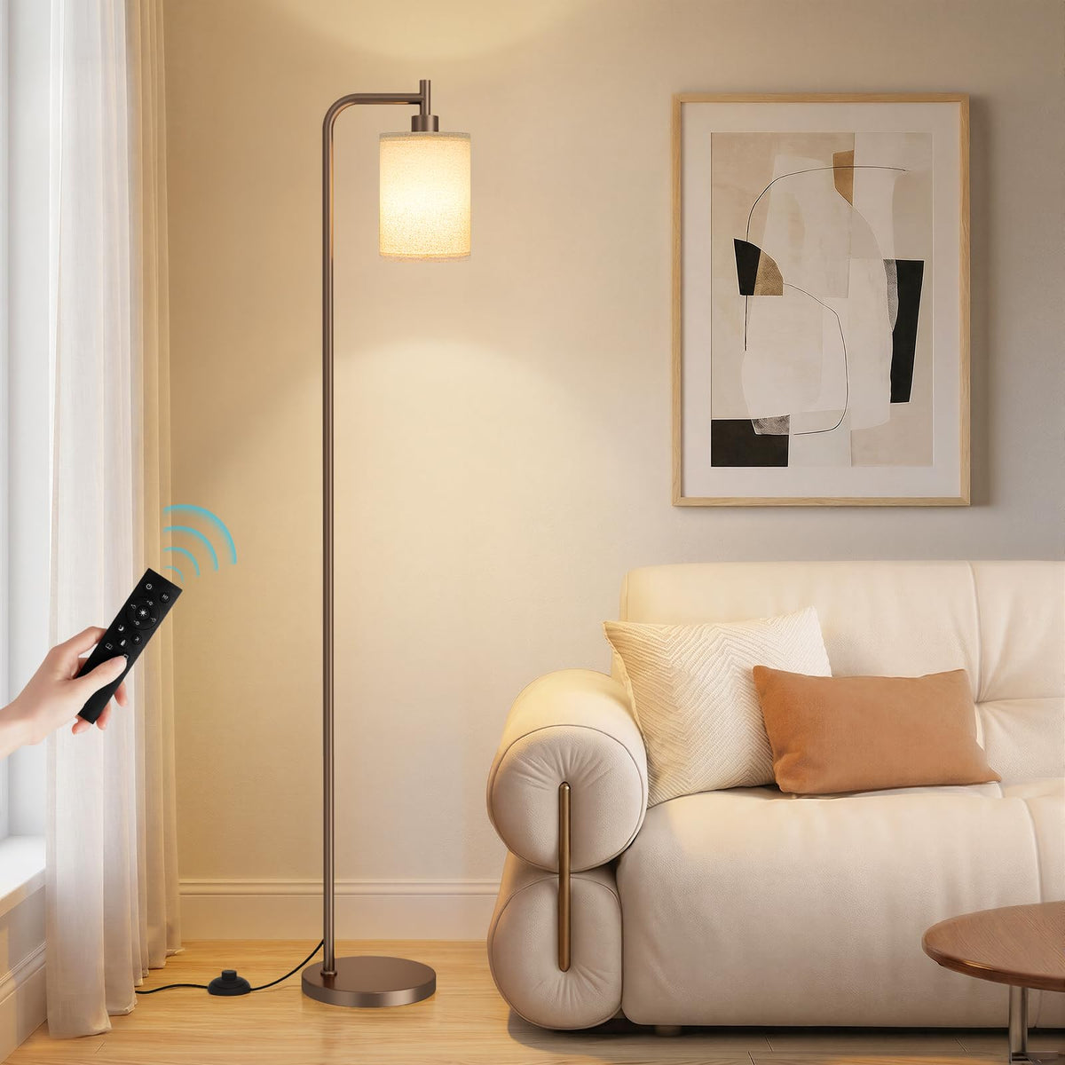 Ziisee 64" Floor Lamp with Remote Control, Dimmable Tall Standing Lamps for Living Room Bedroom Office Corner, 9W LED Bulb Included, Foot Pedal Switch, Beige Shade Black Pole