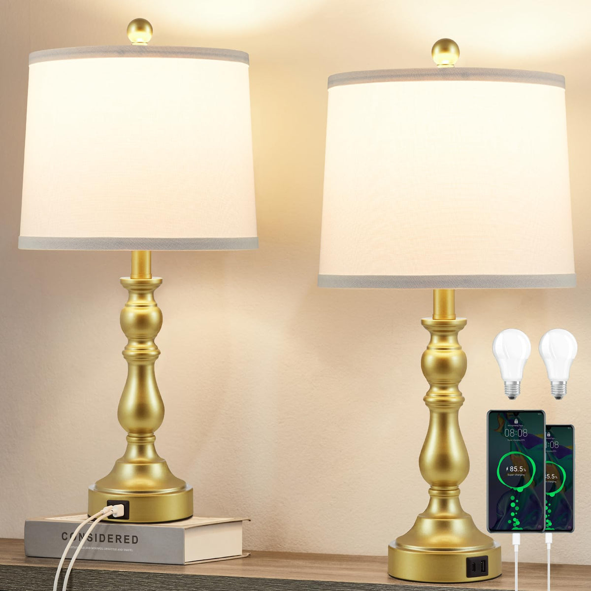 23'' Table Lamps Set of 2, Lamps for Bedroom, USB C+A Ports, Beige