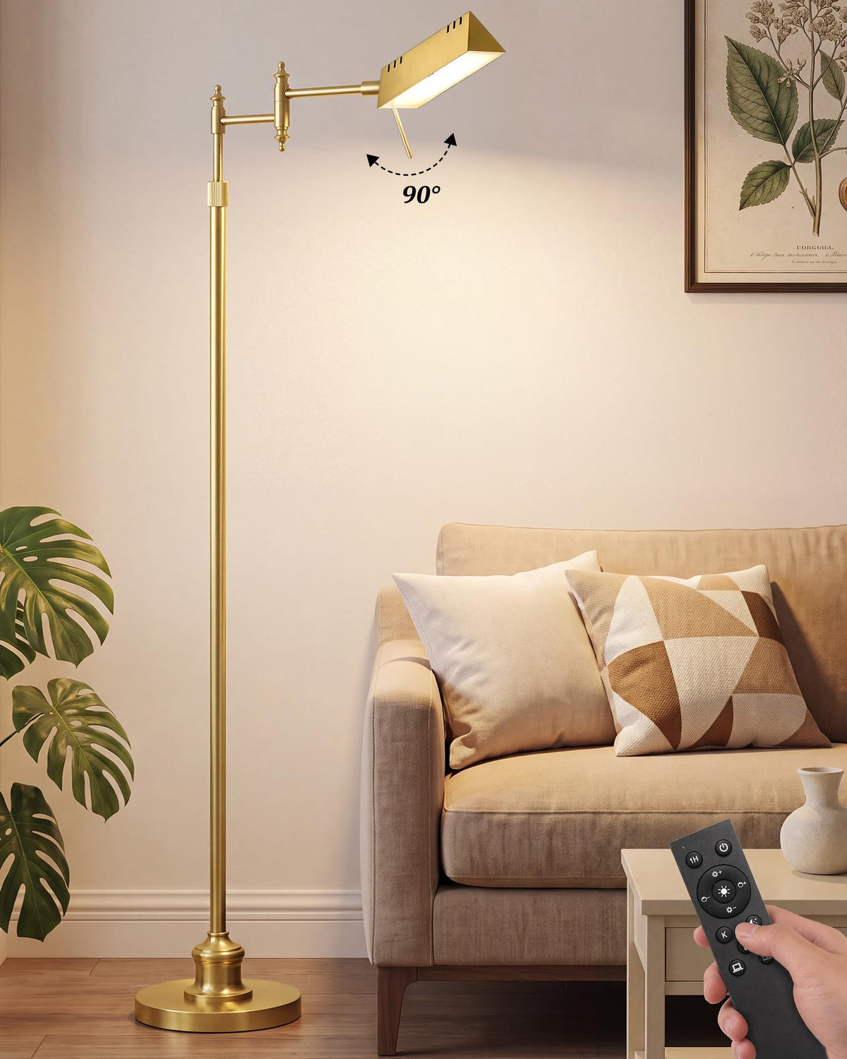 Bairth Gold Reading Floor Lamp, Dimmable Pharmacy Standing Lamp with Remote