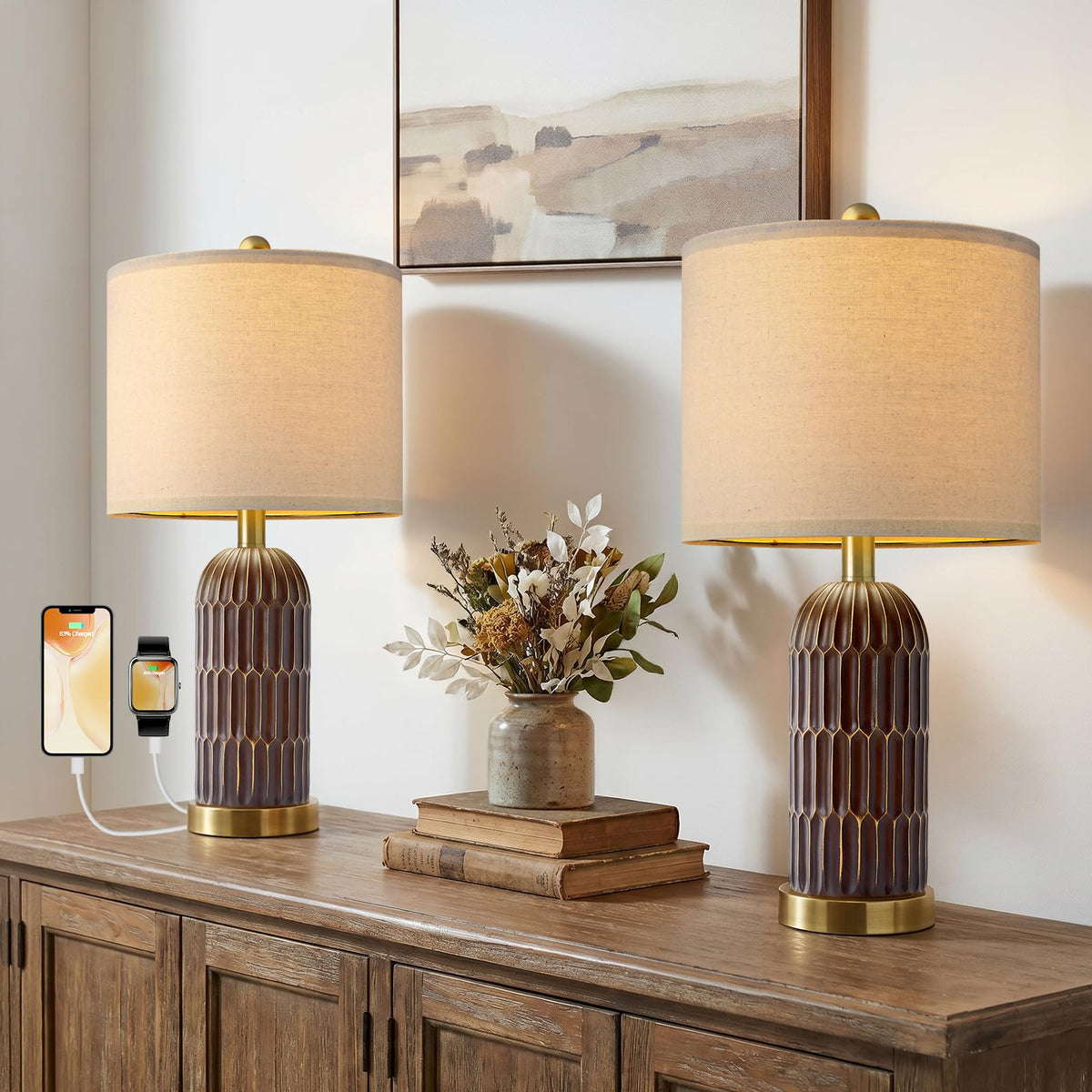 OYEARS 22" Bedside Table Lamps Set of 2, Farmhouse Lamp with USB A+C,Brown
