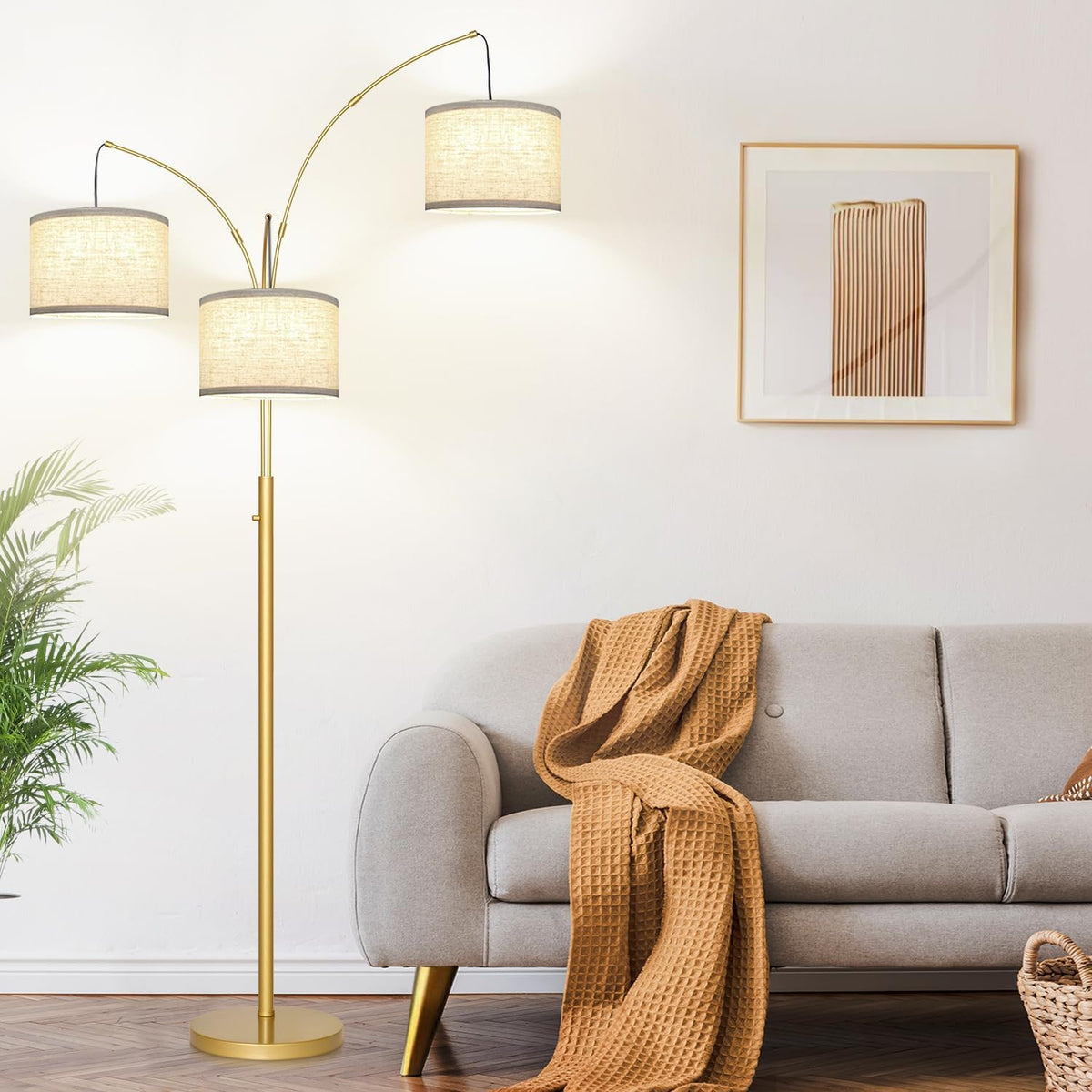 Dimmable 3 Lights Floor Lamp - 3000LM Super Bright Arc Floor Lamps for Living Room, Modern Tall Standing Lamp With Beige Shades, Mid Century Tree Floor Lamp for Bedroom Office, 3 LED Bulbs Included