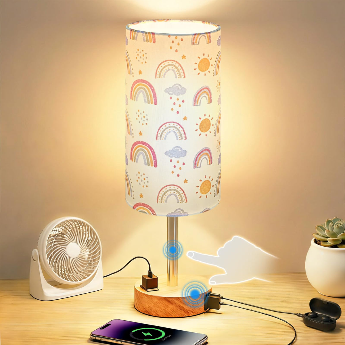 Table Lamp for Bedroom, High-Sensitivity Touch, AC Outlet, USB A+C