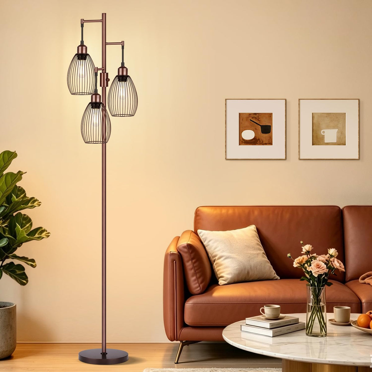 Dimmable Floor Lamp, 3 x 800LM LED Edison Bulbs Included, Farmhouse Industrial Floor Lamp Standing Tree Lamp with Elegant Teardrop Cage Tall Lamps for Living Room Bedroom Office Dining Room-Black