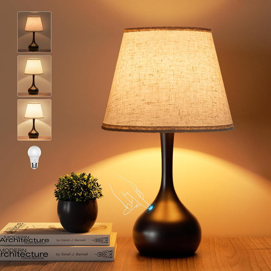ONEWISH Touch Bedside Lamp, Farmhouse 3-Way Dimmable Table Lamps for Nightstand with Fabric Shade, 17.32'' Desk Lamp for Reading, Bedroom, Livingroom, Office, Corded