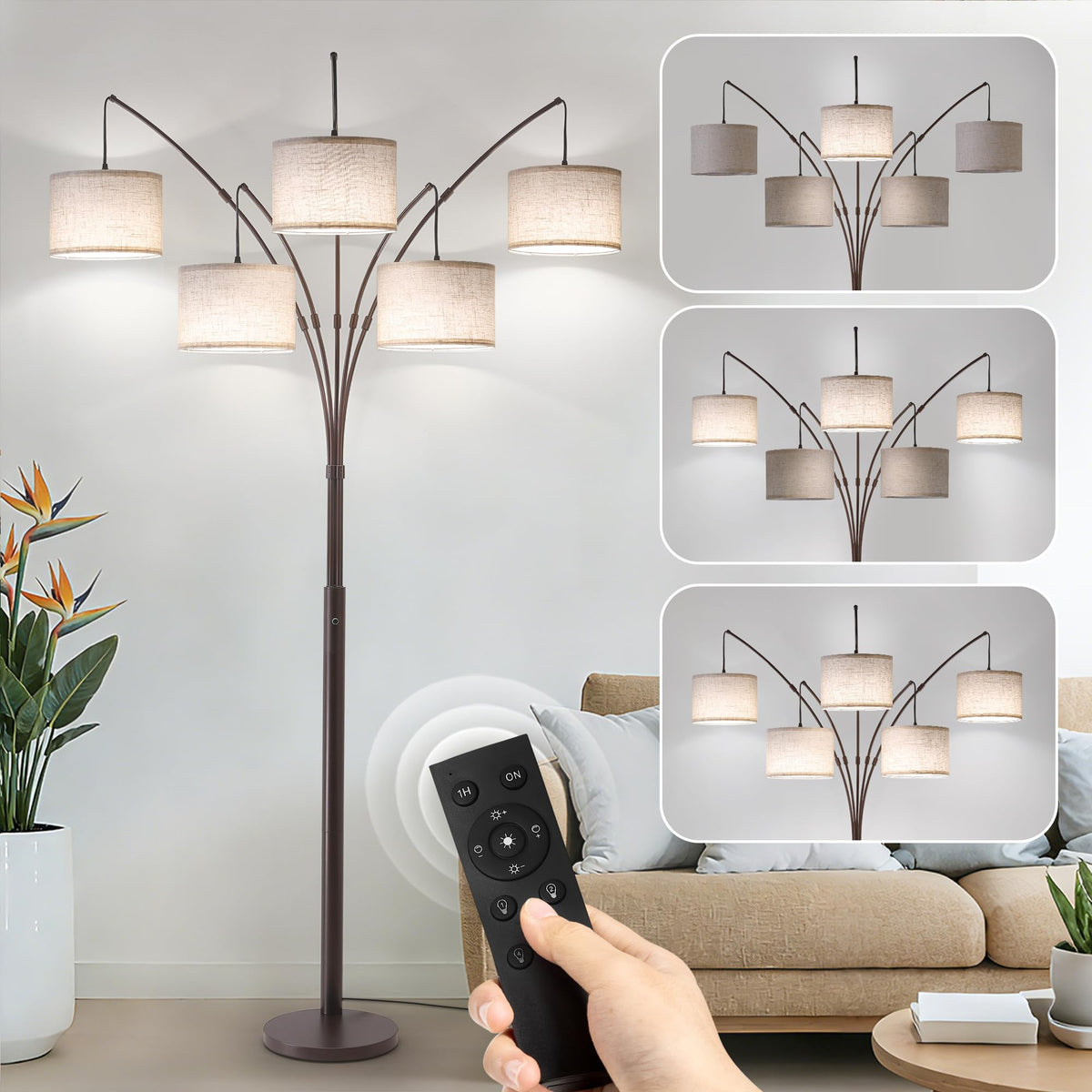 3 Light Arc Floor Lamp with Remote, Beige Shade Black Pole