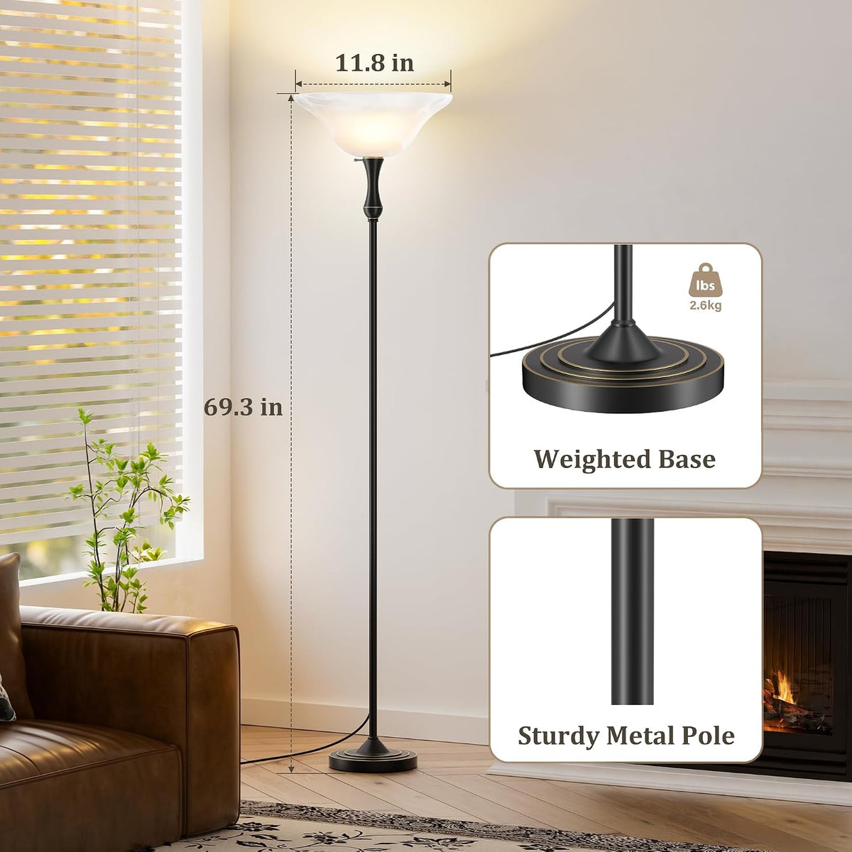 SIBRILLE Dimmable LED Torchiere Floor Lamp with Glass Shade