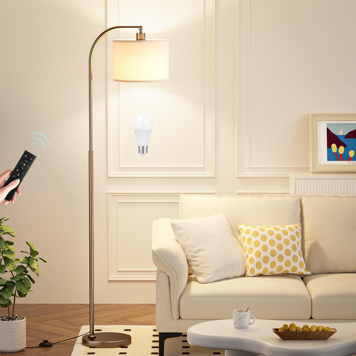 Ambimall Arc Floor Lamp with Remote and Stepless Dimmable Bulb, Colors Temperature & Brightness Adjustable, Gold Floor Lamps for Living Room(Deep Beige Shade & Gold Pole)