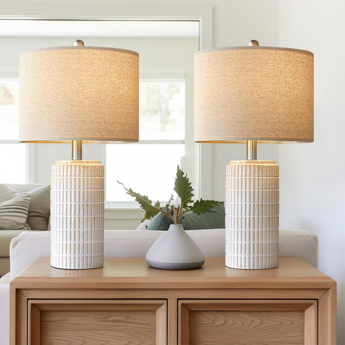 PoKat 23" Modern Ceramic Table Lamp Set of 2 for Living Room Bedroom, White