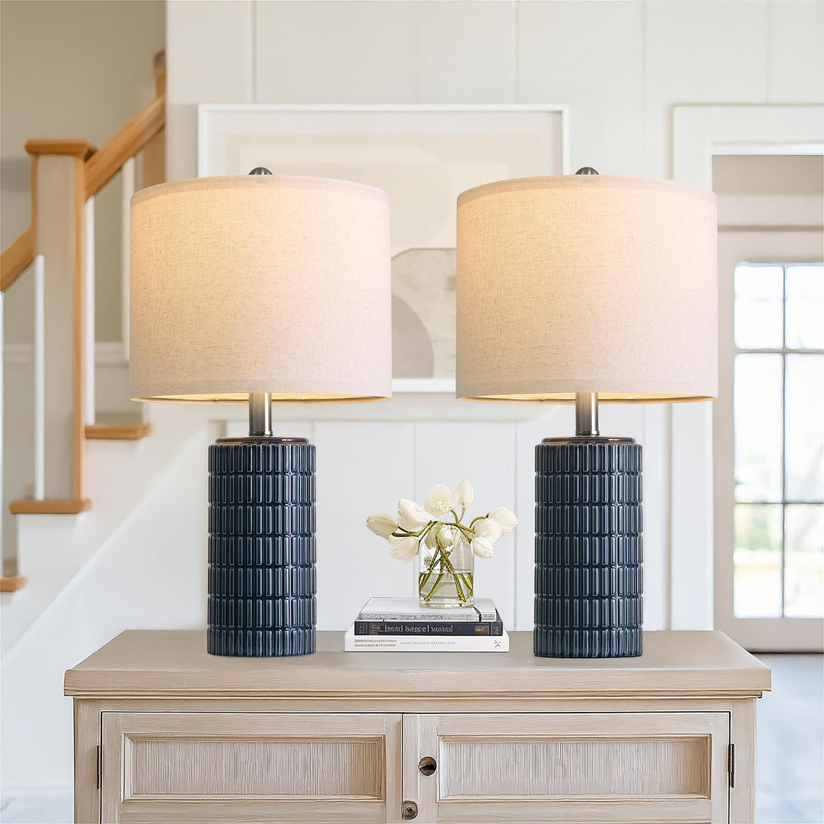 PoKat 20.75" Small Modern Ceramic Table Lamps Set of 2 for Bedroom, White