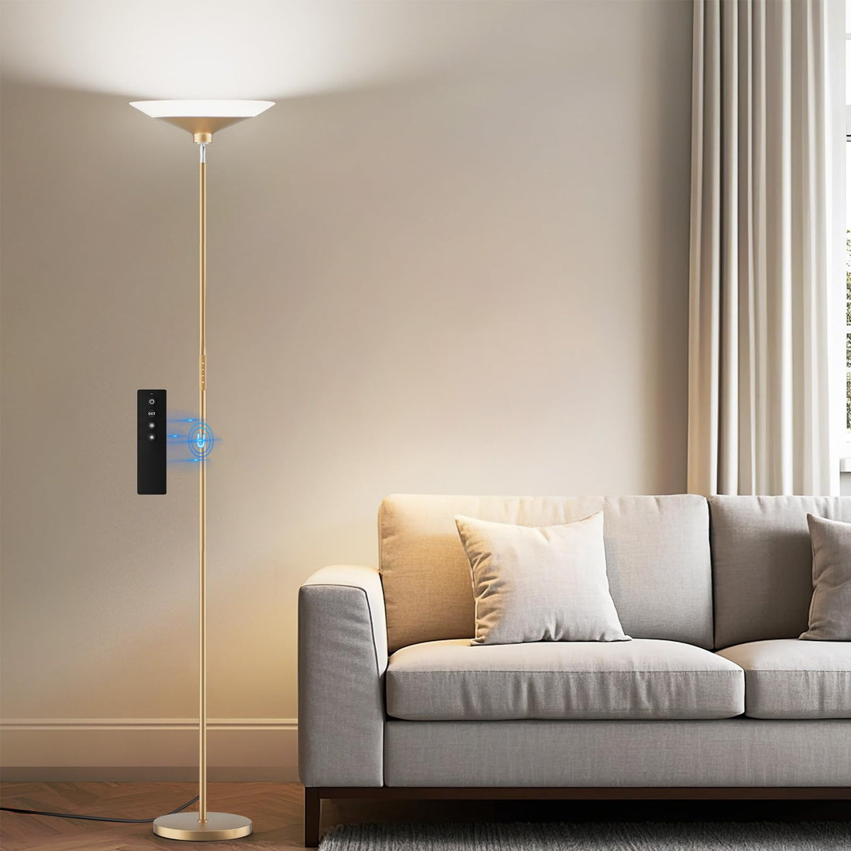 SIBRILLE Torchiere Floor Lamp - 72" Tall LED Standing Lamp with Remote/Button Control, 1800Lm, 3000-6500K, 30W Dimmable Modern Corner Floor Light for Living Room Bedroom Office Apartment, Black