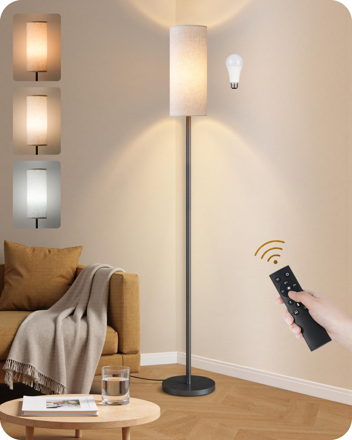 64.4” Slim Floor Lamp for Living Room with Magnetic Remote and Foot Switch, Dimmable Standing Tall Lamp Mood for Bedroom Nursery, 3 Color Temperatures, 1-Hour Timer,900LM Bulb Included,Beige E06LD05W1