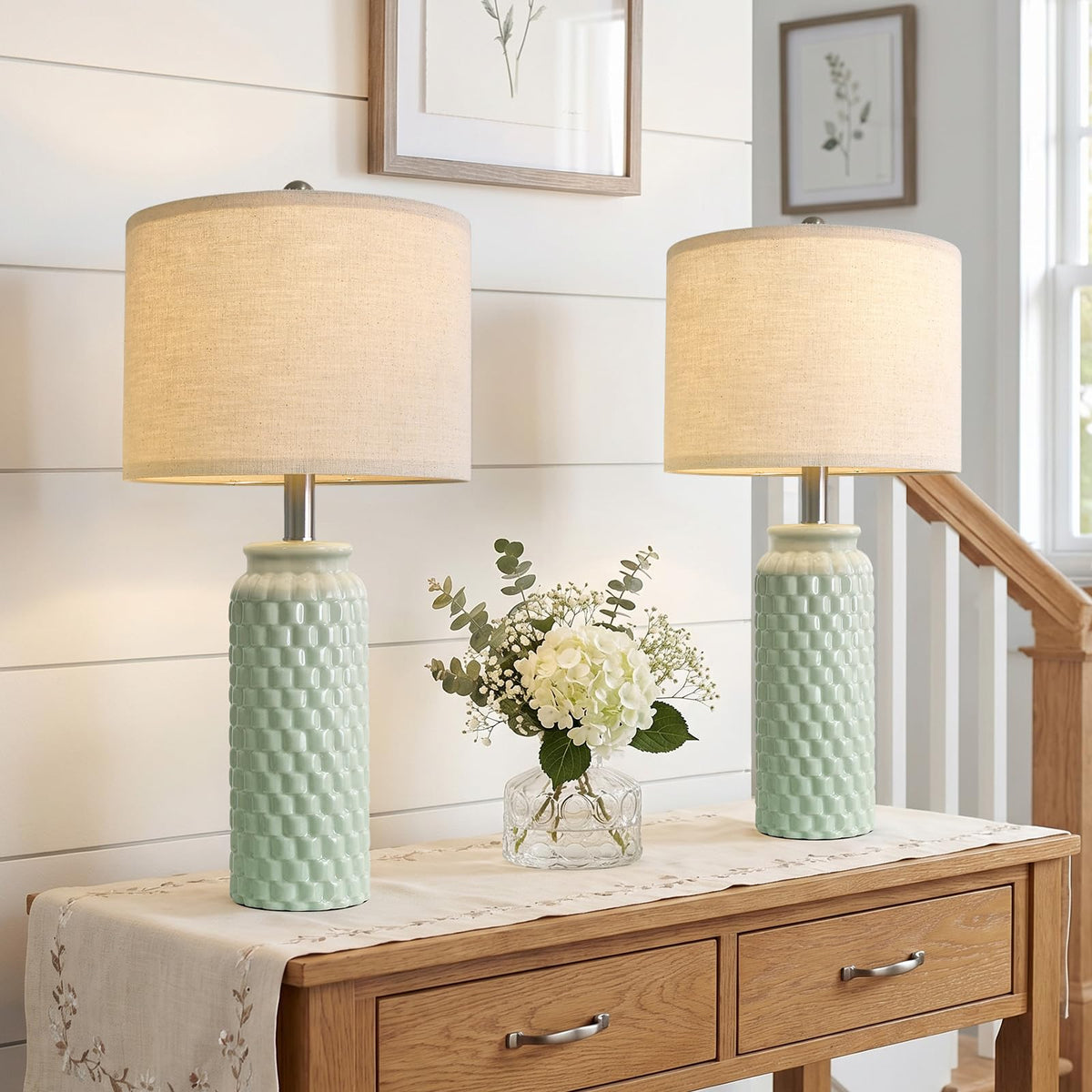 USumkky 20.5" White Modern Ceramic Bedside Lamps Set of 2, Small Table Lamp for Bedroom Decor Farmhouse Nightstand Lamp for Living Room Office