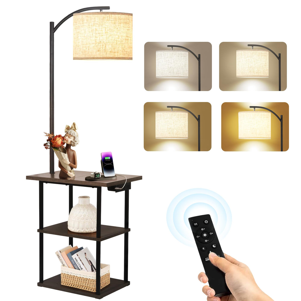 PESRAE Floor Lamp with Table, End Tables with Charging Station