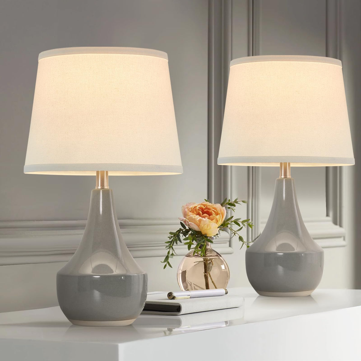 GyroVu 18" Table Lamp Set of 2, Ceramic Table Lamp Classic Beside Lamps Nightstand Lamp Modern Lamp for Living Room, Bedroom & Office Rocker Switch Sage Green-LED Bulbs Included