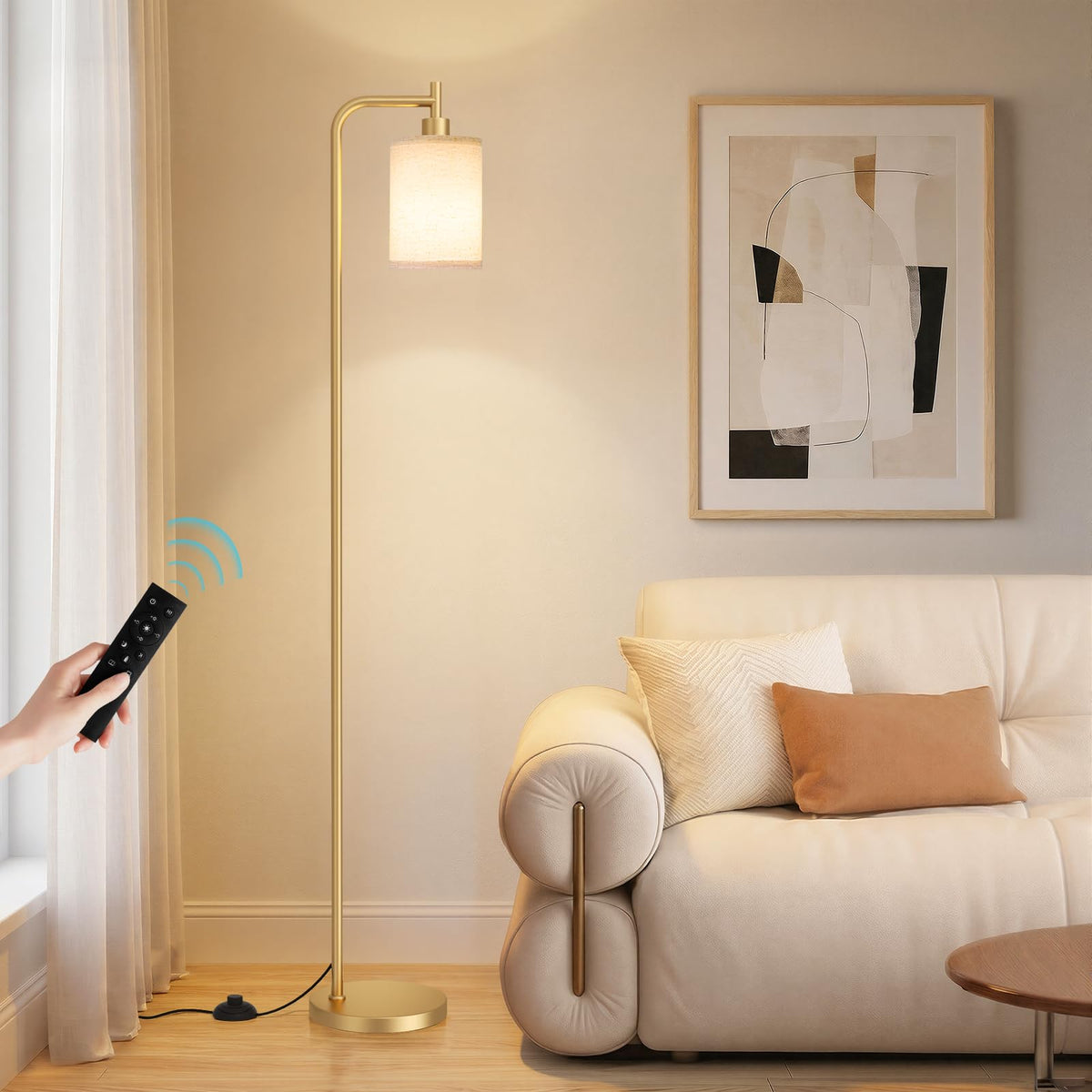 Ziisee 64" Floor Lamp with Remote Control, Dimmable Tall Standing Lamps for Living Room Bedroom Office Corner, 9W LED Bulb Included, Foot Pedal Switch, Beige Shade Black Pole
