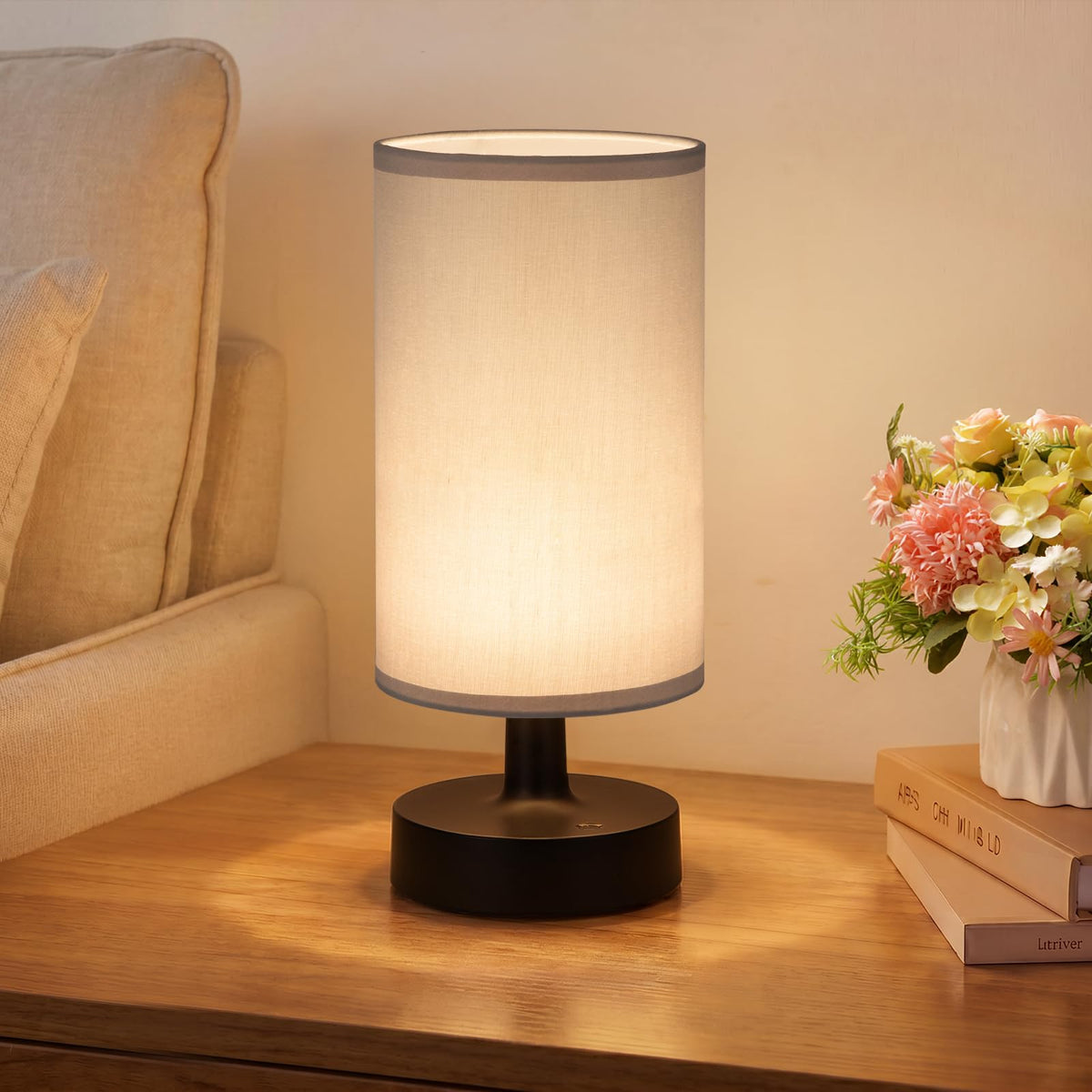 Kakanuo Cordless Table Lamp Rechargeable Small - 2 Pack Beige Wood, 4000mAh Battery Operated Lamp with Touch Control Stepless Dimming, Wireless Lamp for Bedside, Nightstand, Bedroom, Living Room