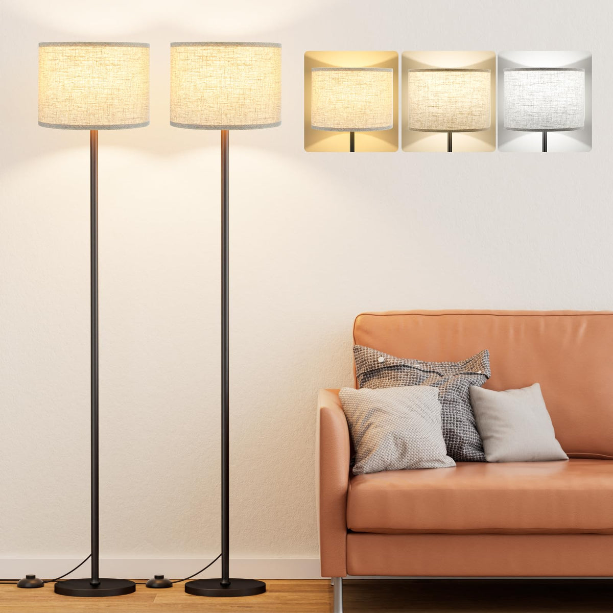 Ambimall 60'' Modern Floor Lamp with Shade, Tall Lamps for Living Room, Bedroom, Office, Dining Room, Beige Shade with Brown Pole(Without Bulb)