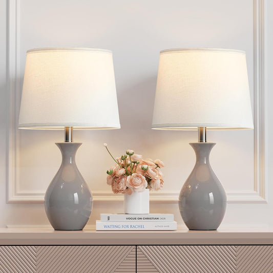 PARTPHONER Table Lamp Set of 2, Modern Ceramic Bedside Lamps for Night Stands, Classic Small Lamp Nightstand Lamp for Bedroom Living Room Desk End Table Rocker Swtich Grey