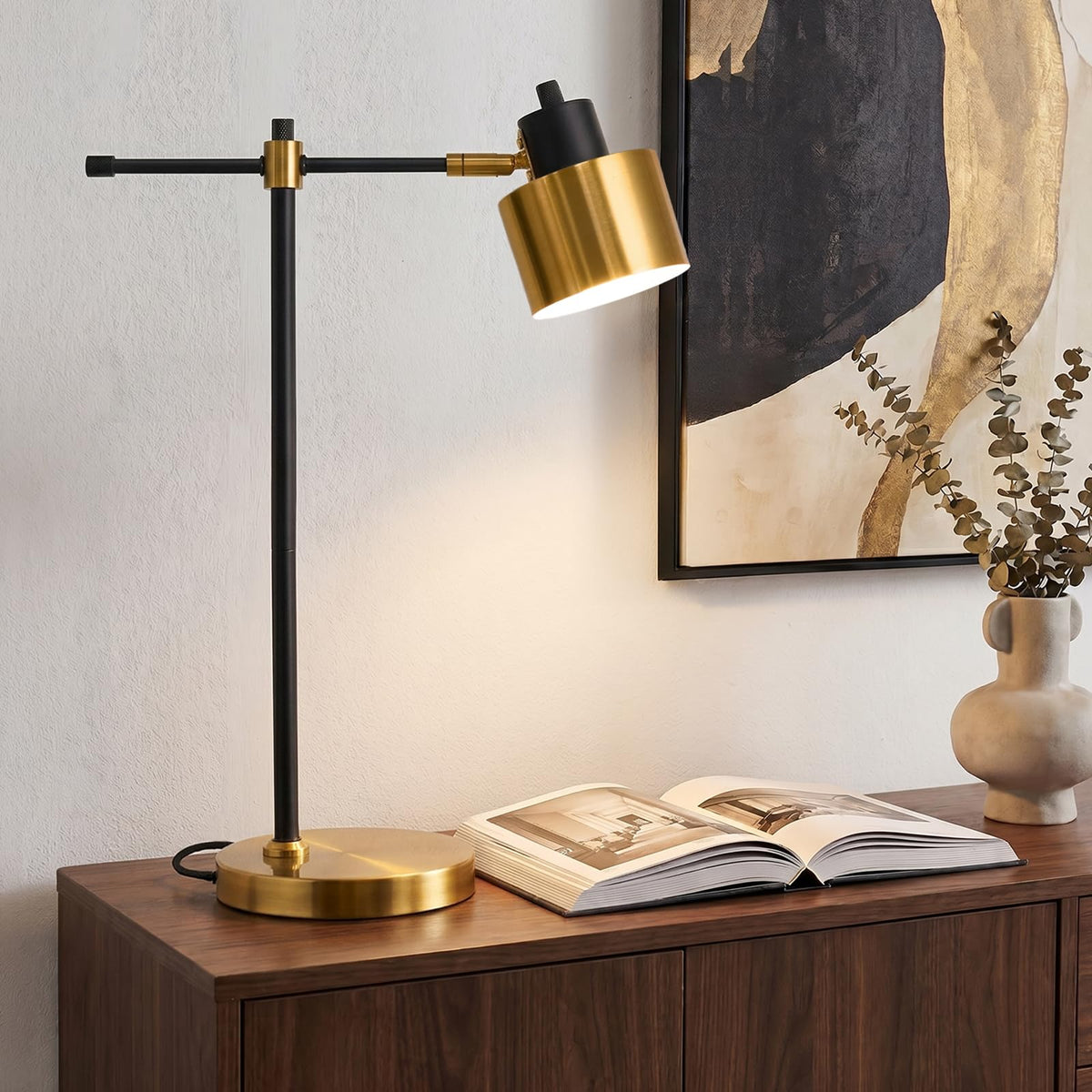 OYEARS 22.2" Modern Desk Lamp, Metal Table Lamp with LED Bulb, Adjustable Reading Lamps for Living Room, Mid Century Nightstand Lamp for Home Office, Industrial Bedside Lamps, Cream and Gold