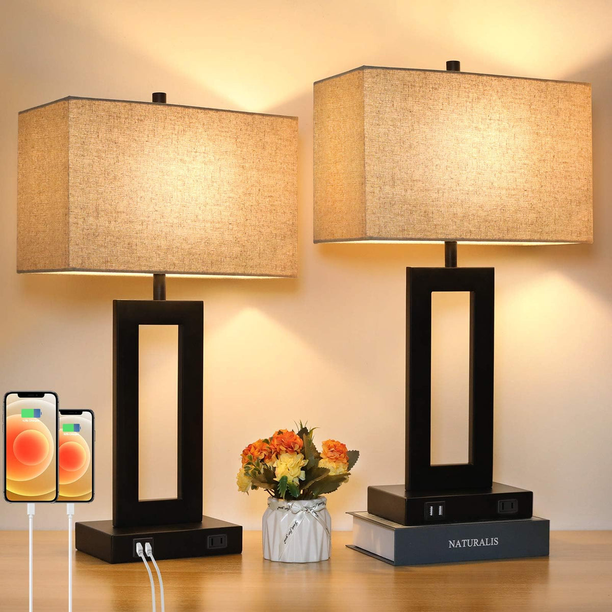 TOBUSA 22" Table Lamp Set of 2, Modern Nightstand Lamp with 2 USB Ports