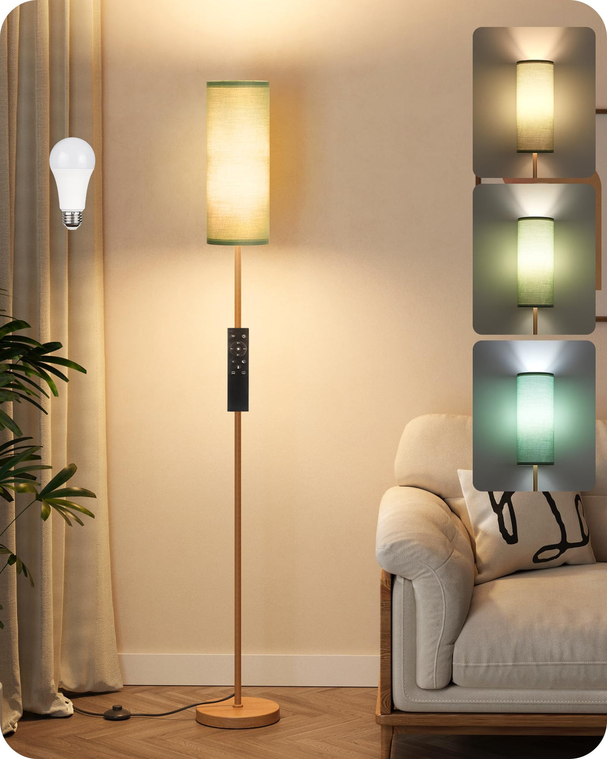 64.4” Slim Floor Lamp for Living Room with Magnetic Remote and Foot Switch, Dimmable Standing Tall Lamp Mood for Bedroom Nursery, 3 Color Temperatures, 1-Hour Timer,900LM Bulb Included,Beige E06LD05W1