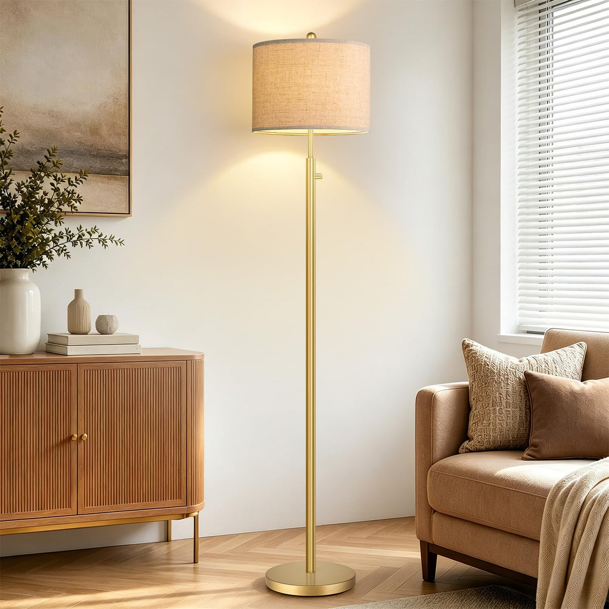 Nintiue Dimmable Gold Floor Lamp, Turkish Marble Base, White Linen Shade