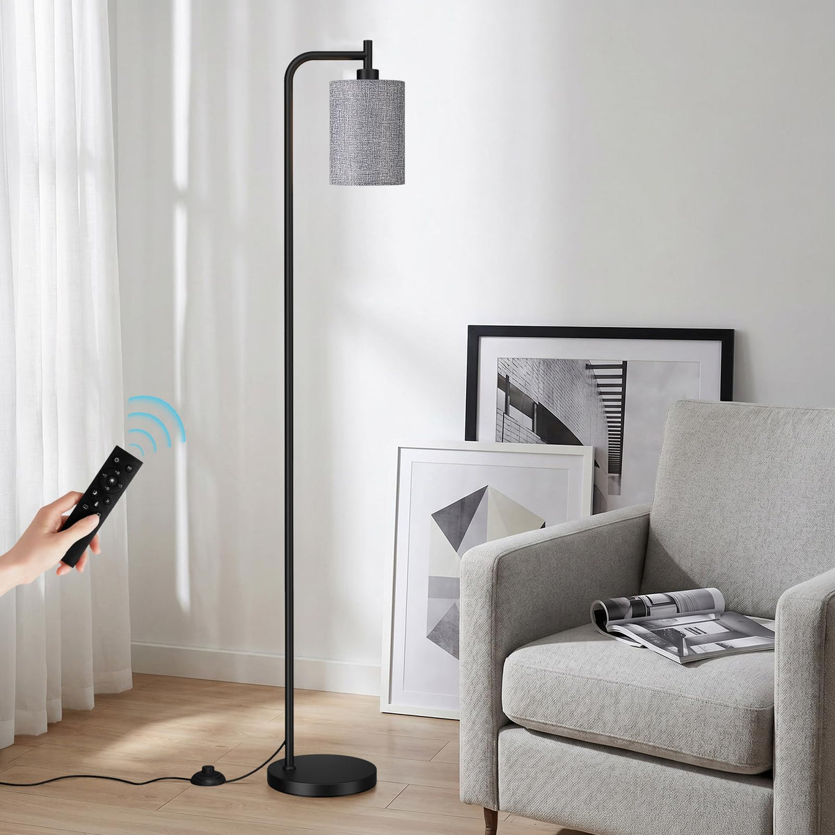 Ziisee 64" Floor Lamp with Remote Control, Dimmable Tall Standing Lamps for Living Room Bedroom Office Corner, 9W LED Bulb Included, Foot Pedal Switch, Beige Shade Black Pole