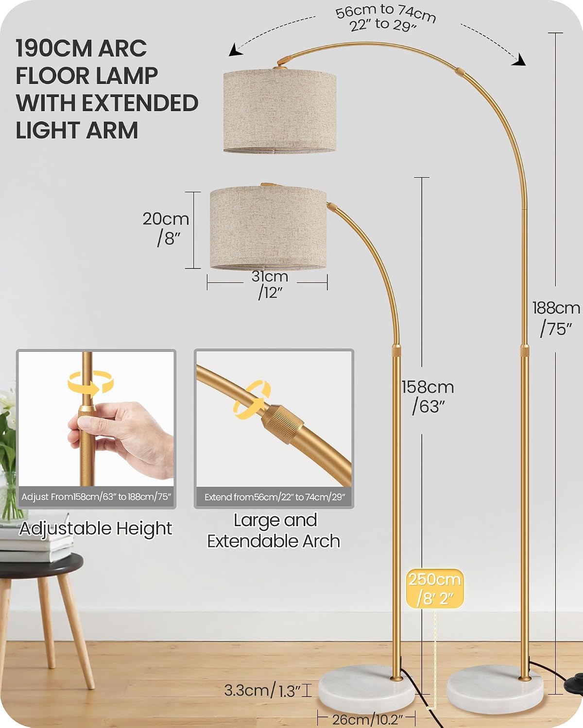 75" Dimmable Gold Arc Floor Lamp with Marble Base, Adjustable Height, Beige