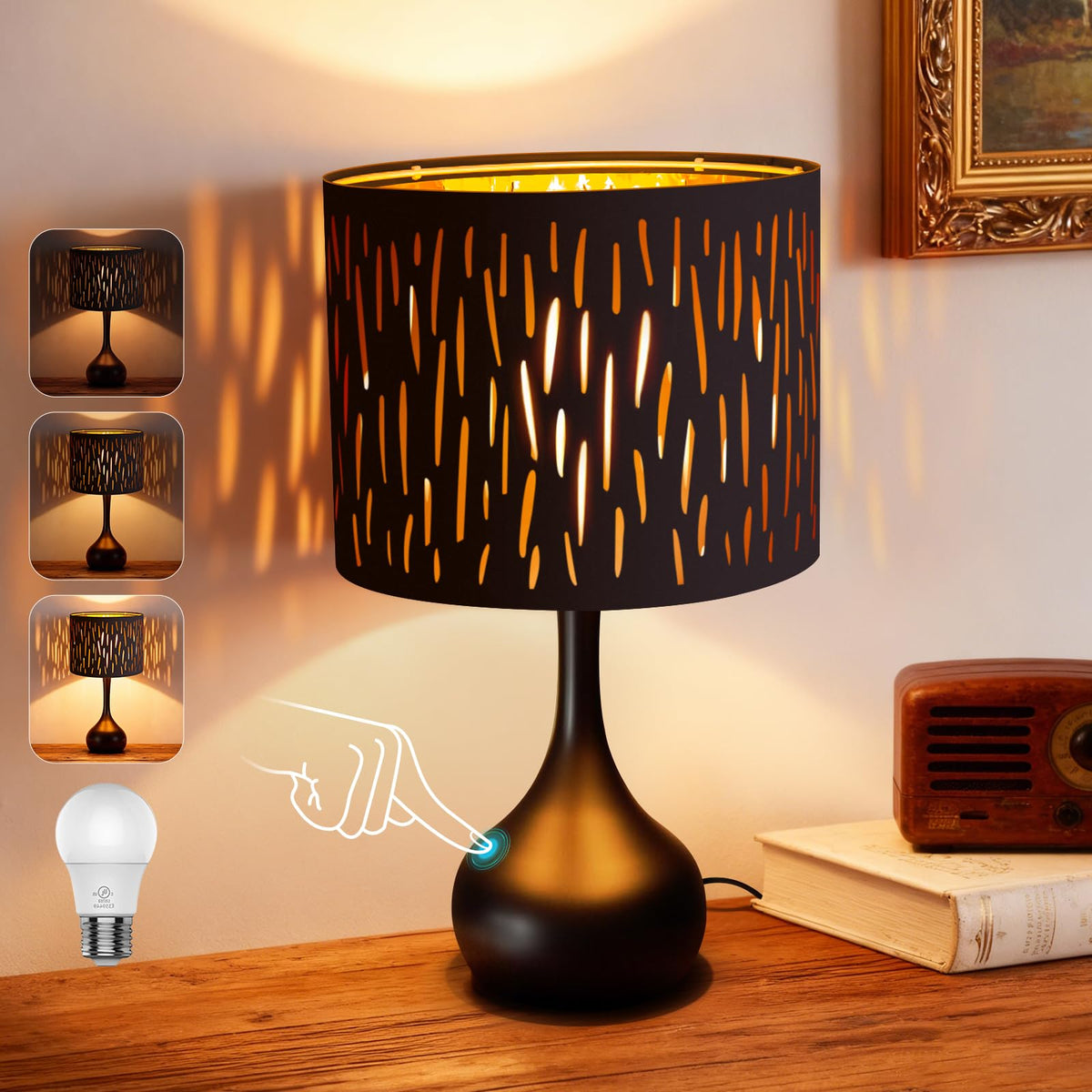 ONEWISH Touch Bedside Lamp, Farmhouse 3-Way Dimmable Table Lamps for Nightstand with Fabric Shade, 17.32'' Desk Lamp for Reading, Bedroom, Livingroom, Office, Corded
