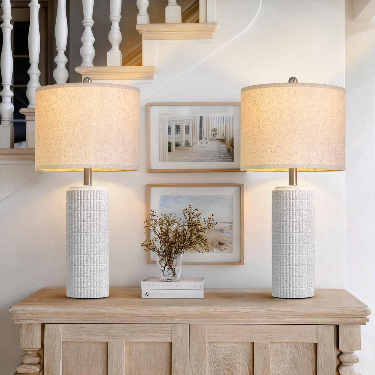 PoKat 23" Modern Ceramic Table Lamp Set of 2 for Living Room Bedroom, White