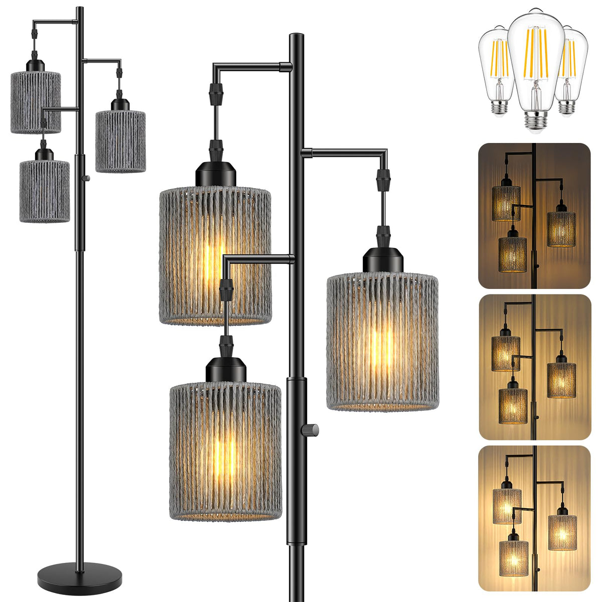 Hotsonic 72" Boho Rattan Tree Floor Lamp, Tall Dimmable Industrial Standing Lamp, Corner Decor Accent Lighting for Living Room, Bedroom, Dining Room, Nursery, Cafe (3 x 800LM Bulbs Included) - Black