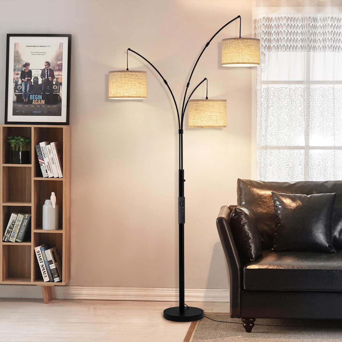 3 Light Arc Floor Lamp with Remote, Beige Shade Black Pole