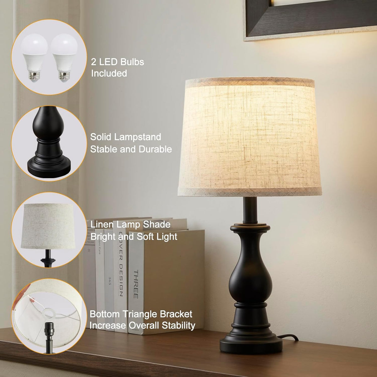Table Lamps Set of 2, 18.5" Vintage Bedside Lamps for Bedroom Living Room