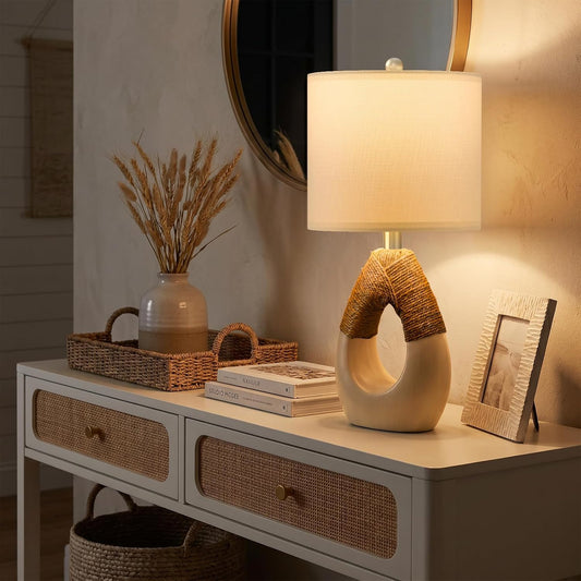 OYEARS 19” Boho Table Lamps Bedroom Living Room,Suitable for Small Space,Farmhouse Rattan Lamp Rustic Egg Design Resin Nightstand Bedside Lamps for Bedroom Living Room Office Study Rest Decor