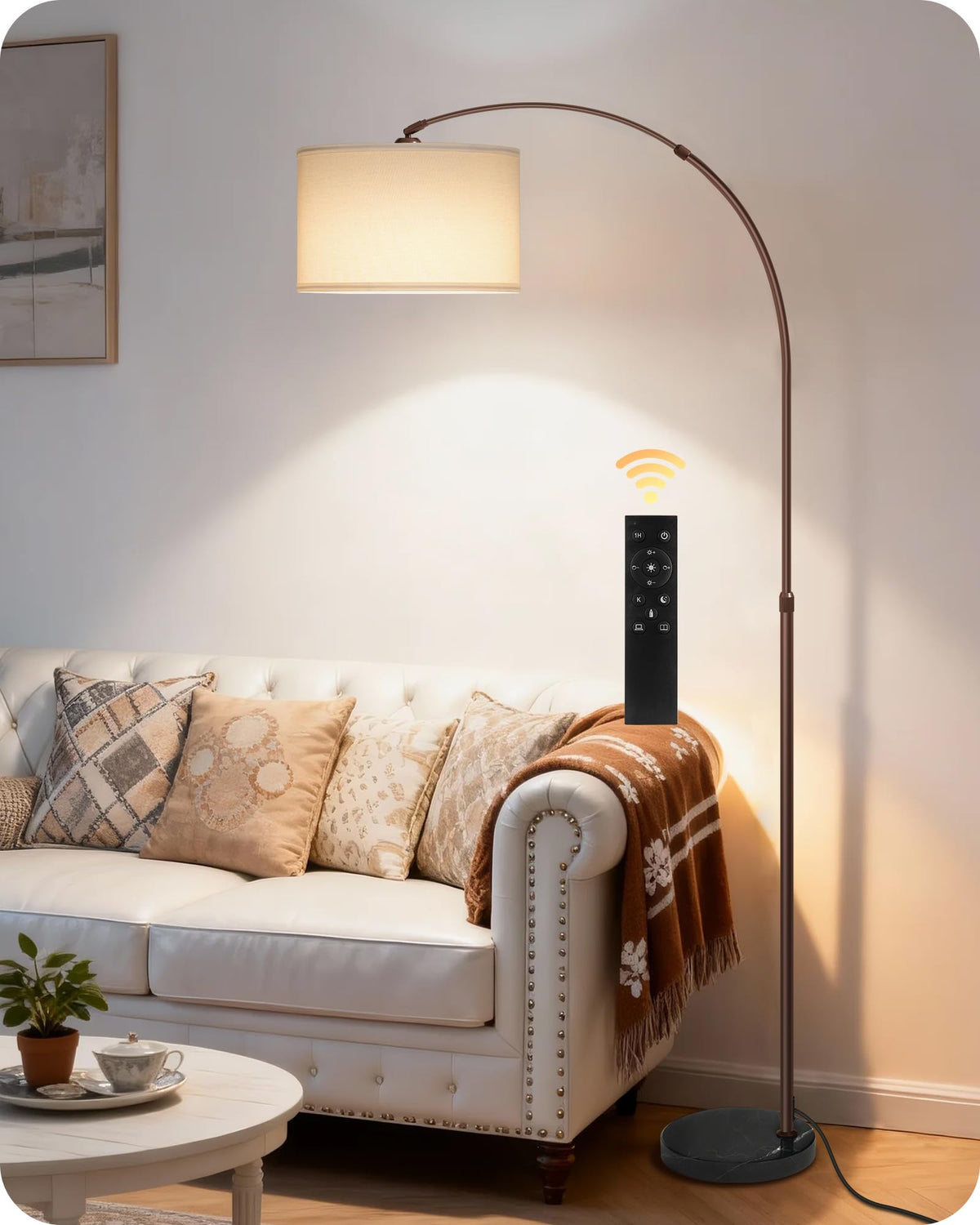 75" Dimmable Gold Arc Floor Lamp with Marble Base, Adjustable Height, Beige