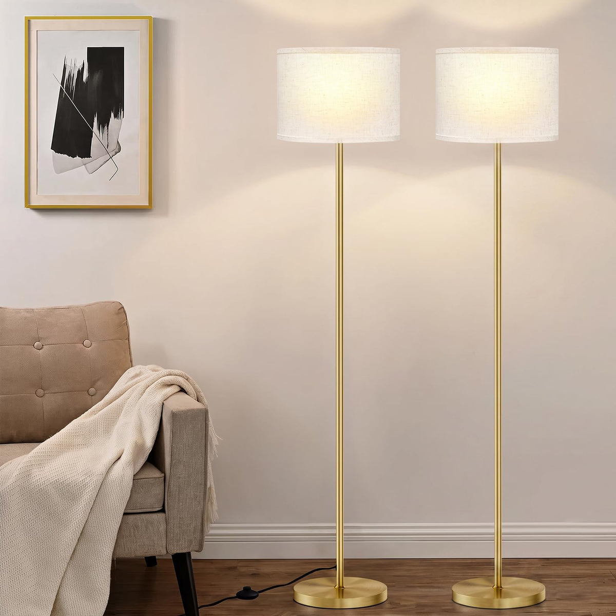 Ambimall 60'' Modern Floor Lamp with Shade, Tall Lamps for Living Room, Bedroom, Office, Dining Room, Beige Shade with Gold Pole(Without Bulb)