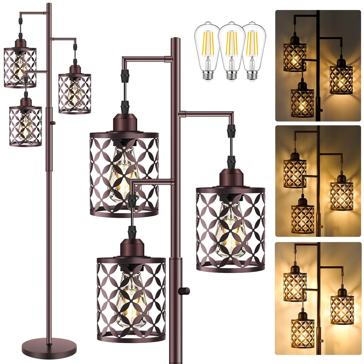 68" Industrial Tree Floor Lamp, Dimmable Farmhouse Tall Standing Lamp with Quatrefoil Cutout Shades & Rotary Dimmer Knob, Corner Light for Living Room Bedroom, 3 x800LM Bulbs Included-Black