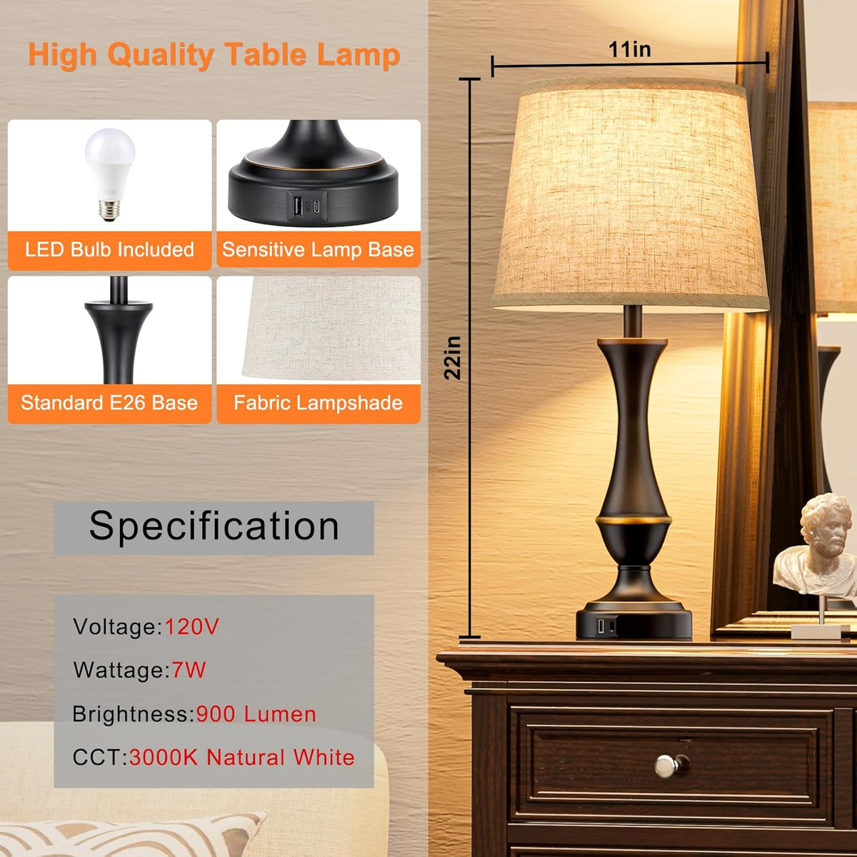 Touch Lamps for Nightstand, 3 Way Dimmable Lamps for Bedroom with USB C+A