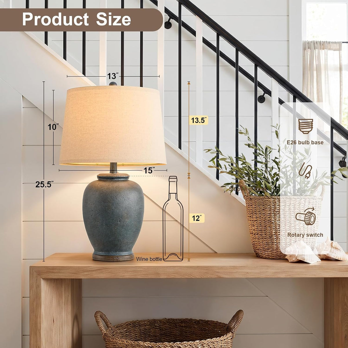 USumkky 25" Boho Ceramic Table Lamp for Living Room Bedroom Vintage Blue