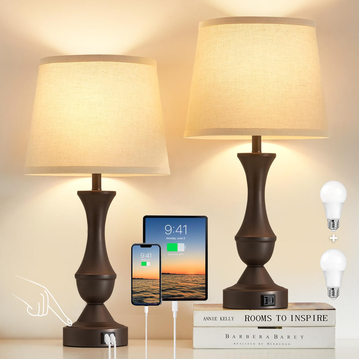 Luvkczc Upgraded Touch Table Lamps Set of 2, 22" Tall Bedside Lamps