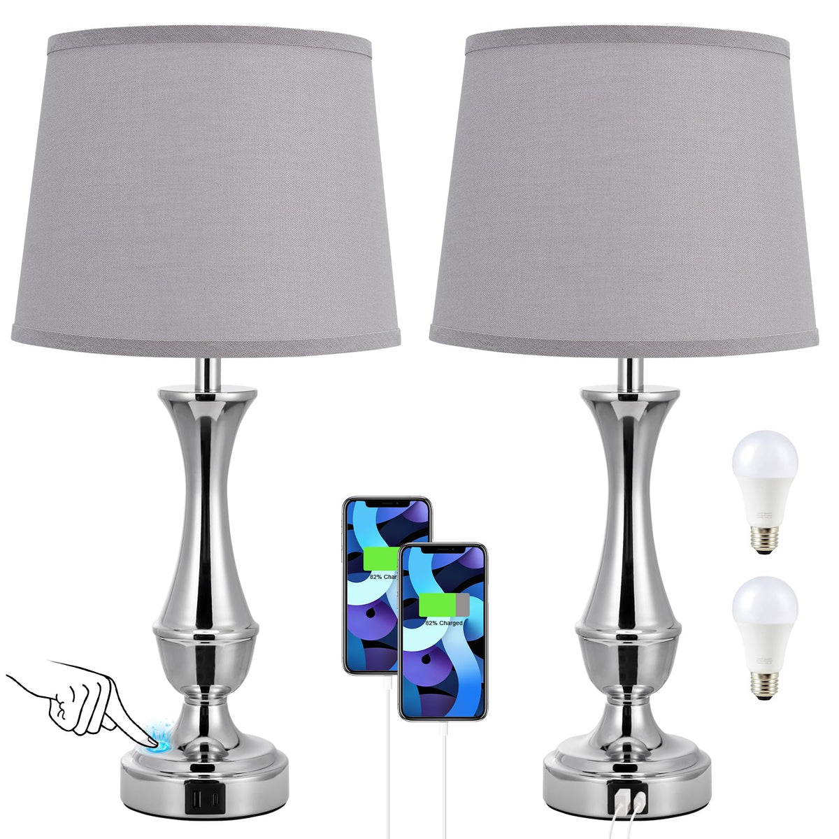 Touch Lamps for Nightstand, 3 Way Dimmable Lamps for Bedroom with USB C+A