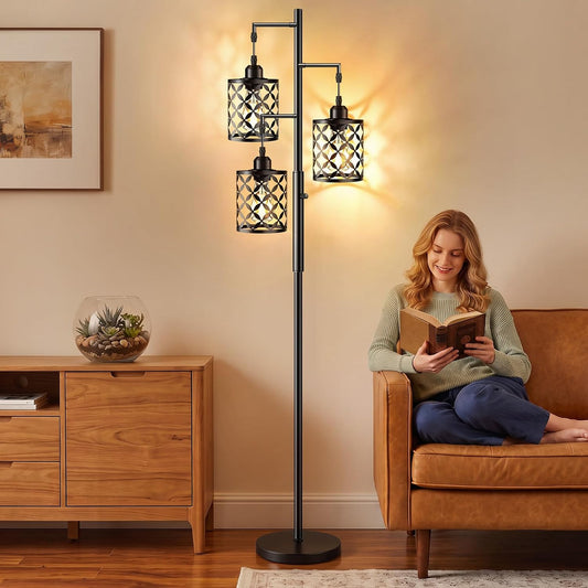 68" Industrial Tree Floor Lamp, Dimmable Farmhouse Tall Standing Lamp with Quatrefoil Cutout Shades & Rotary Dimmer Knob, Corner Light for Living Room Bedroom, 3 x800LM Bulbs Included-Black