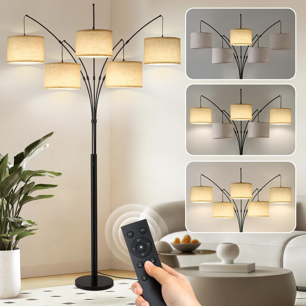 3 Light Arc Floor Lamp with Remote, Beige Shade Black Pole