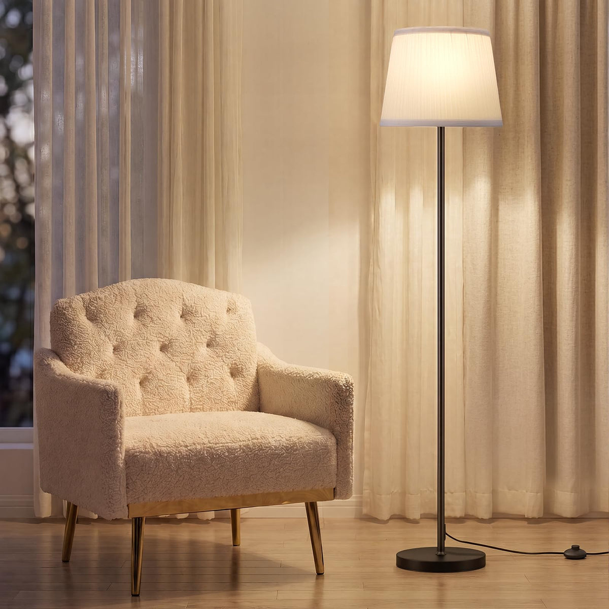 Ambimall 60'' Modern Floor Lamp with Shade, Tall Lamps for Living Room, Bedroom, Office, Dining Room, Beige Shade with Brown Pole(Without Bulb)