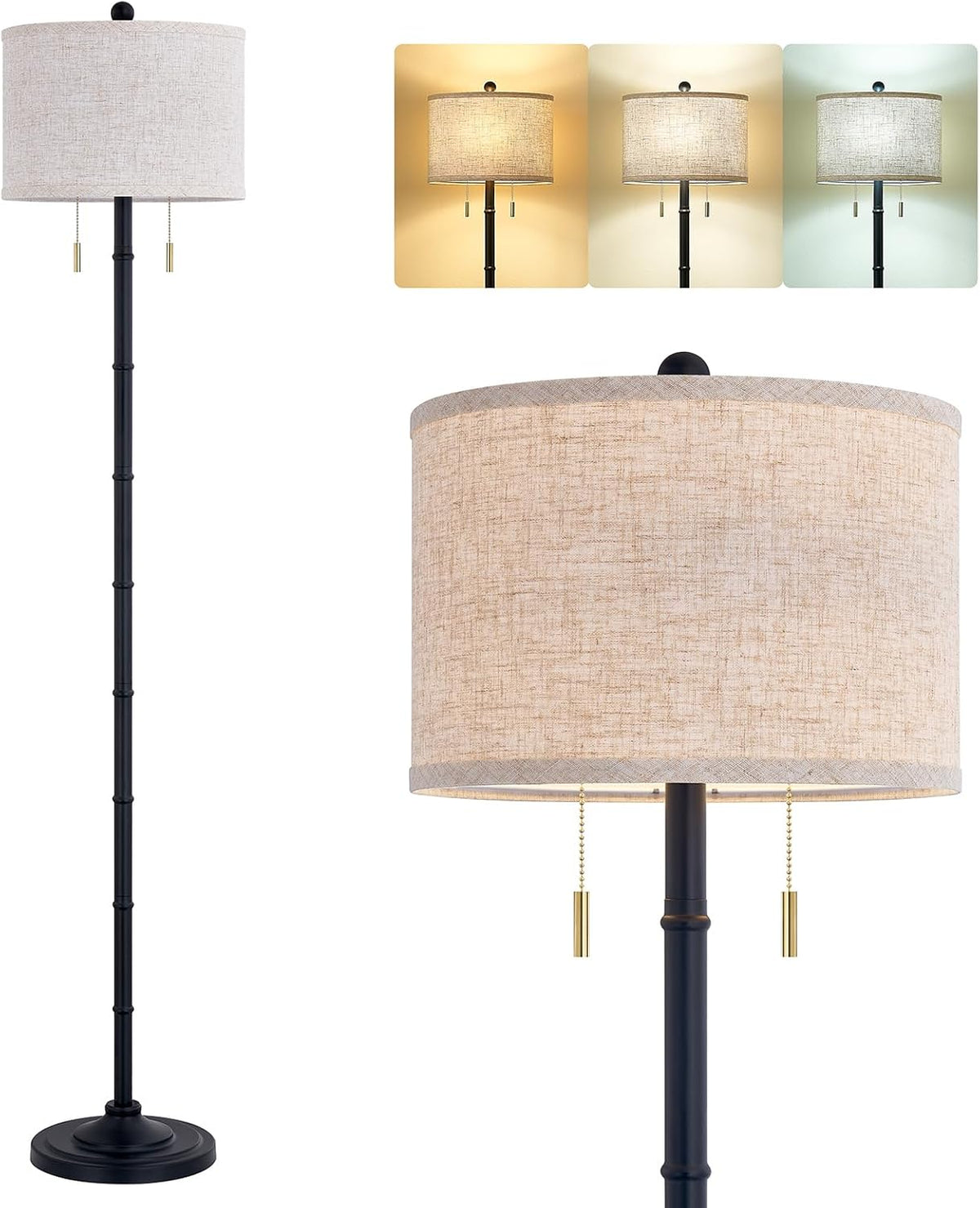 Upgraded 2-Light Mid Century Modern Black Floor Lamp for Living Room