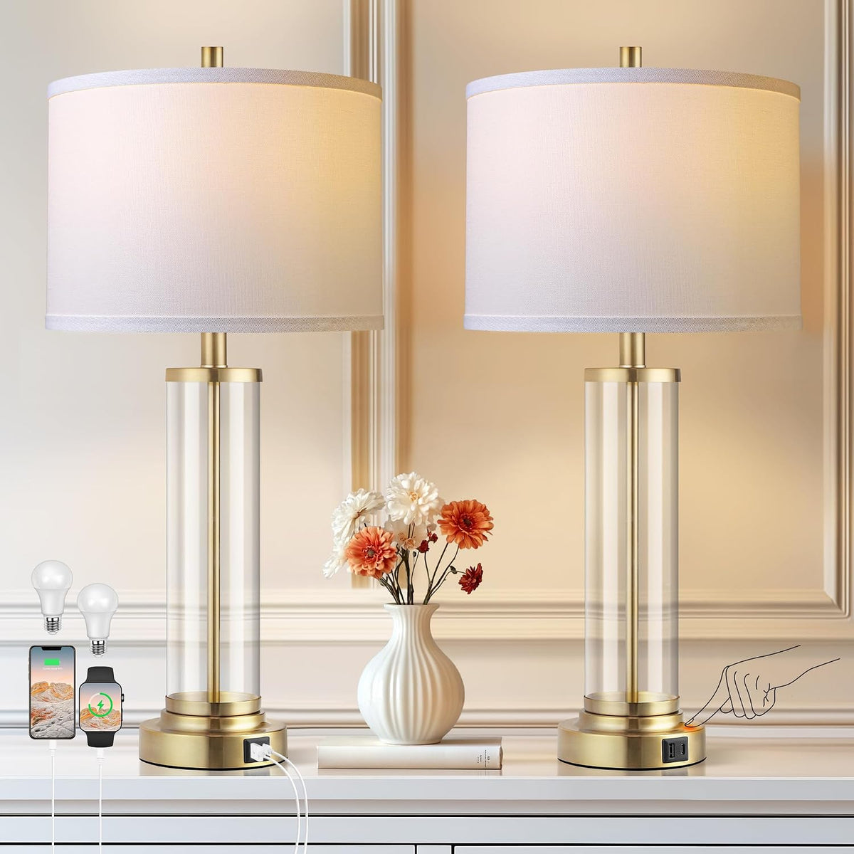 Glass Table Lamps Set of 2, Modern Gold Dimmable Beside Lamps for Bedroom