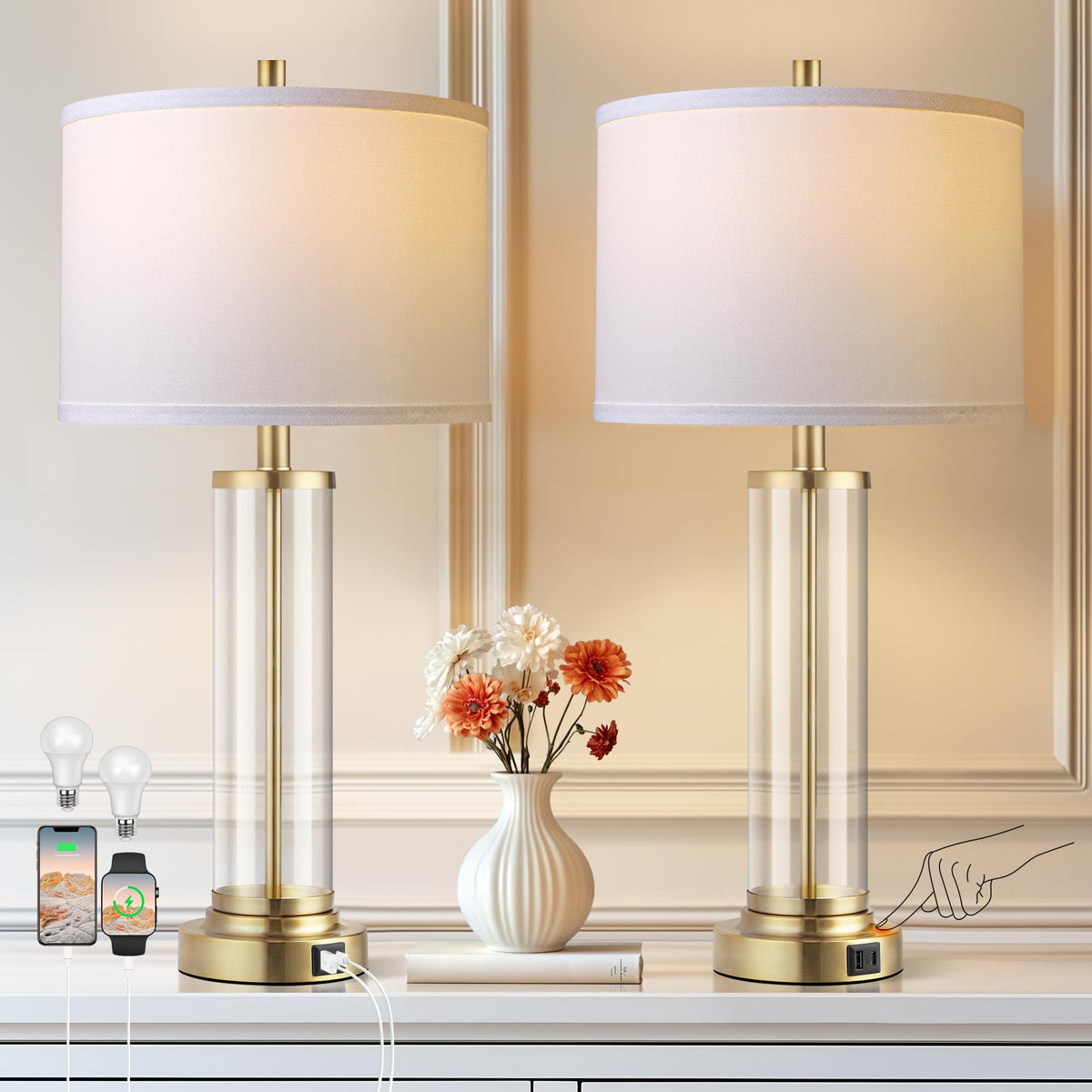 Glass Table Lamps Set of 2, Modern Gold Dimmable Beside Lamps for Bedroom